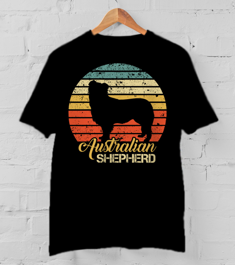 Retro Striped Silhouette Vintage Australian Shepherd T-Shirt