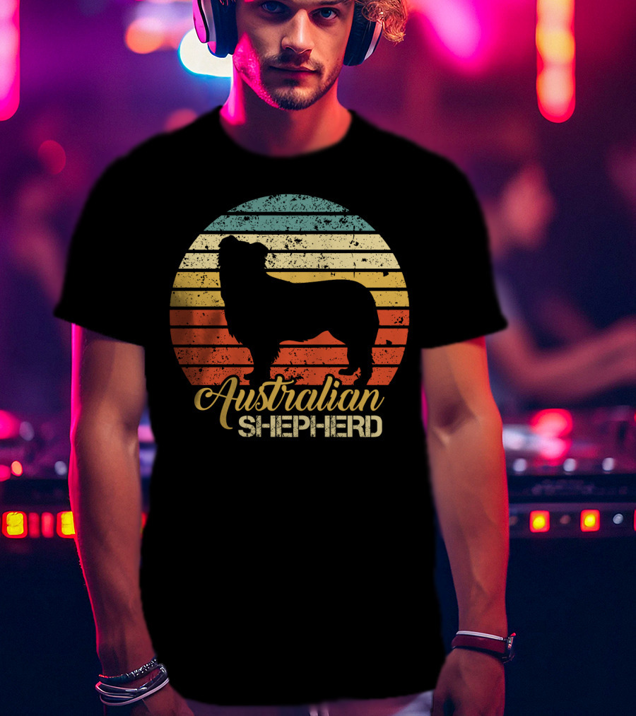 Retro Striped Silhouette Vintage Australian Shepherd T-Shirt