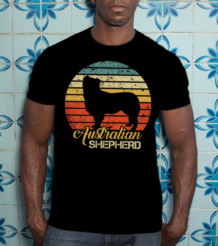 Retro Striped Silhouette Vintage Australian Shepherd T-Shirt