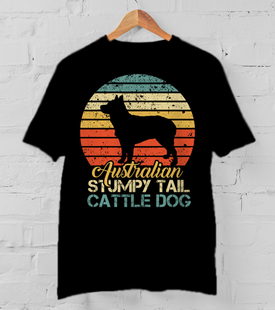 Vintage Retro Australian Stumpy Tail Cattle Dog Silhouette Sunset Stripes T-Shirt