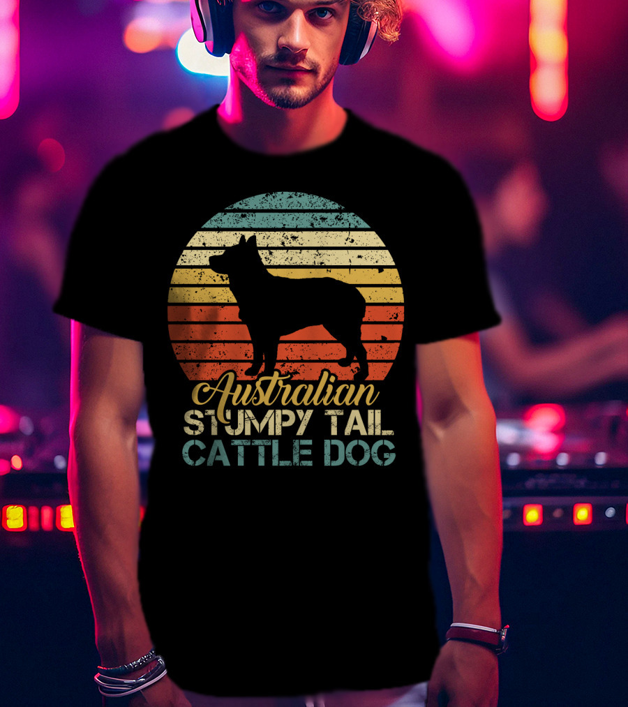 Vintage Retro Australian Stumpy Tail Cattle Dog Silhouette Sunset Stripes T-Shirt