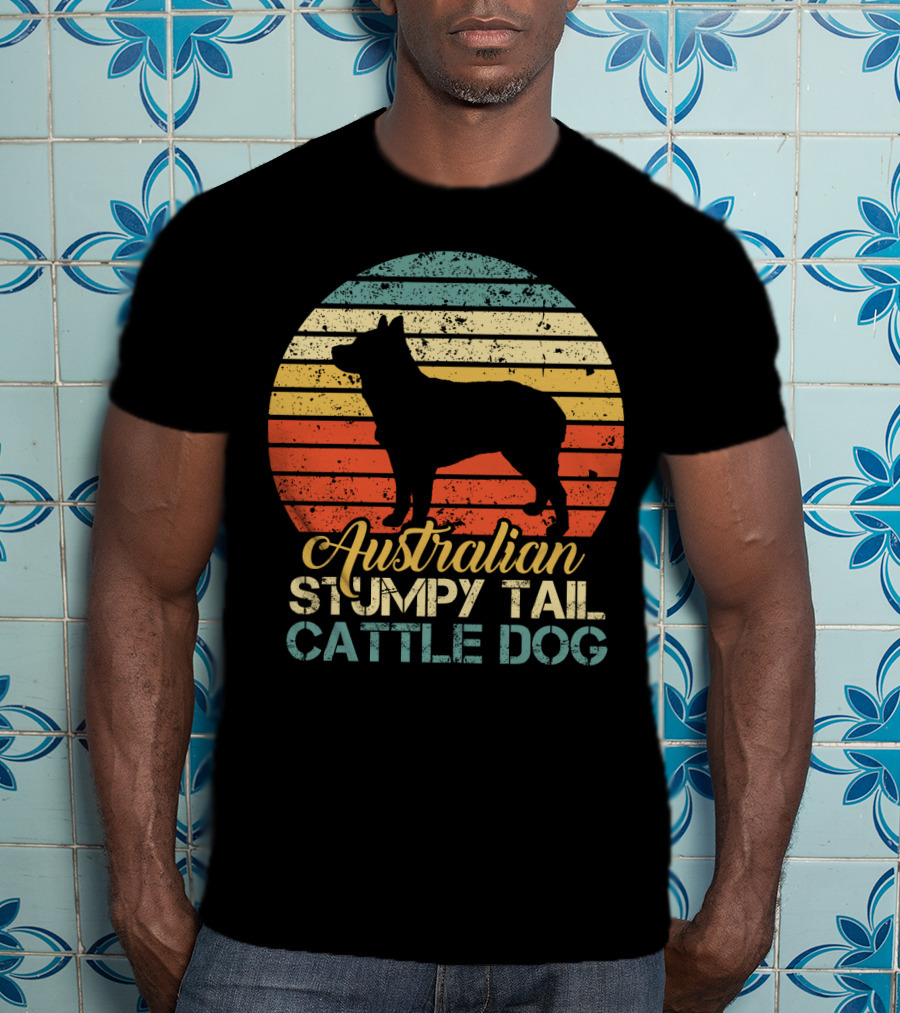 Vintage Retro Australian Stumpy Tail Cattle Dog Silhouette Sunset Stripes T-Shirt