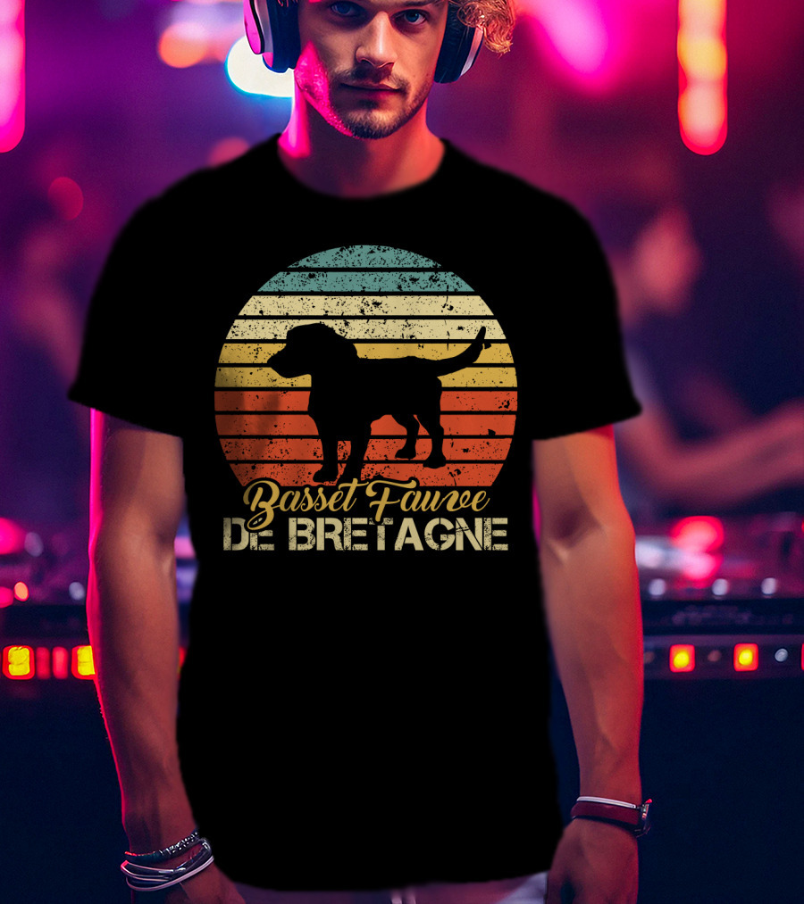 Retro Stripes Basset Fauve De Bretagne Silhouette Vintage T-Shirt