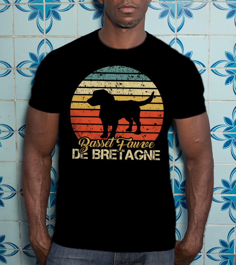 Retro Stripes Basset Fauve De Bretagne Silhouette Vintage T-Shirt