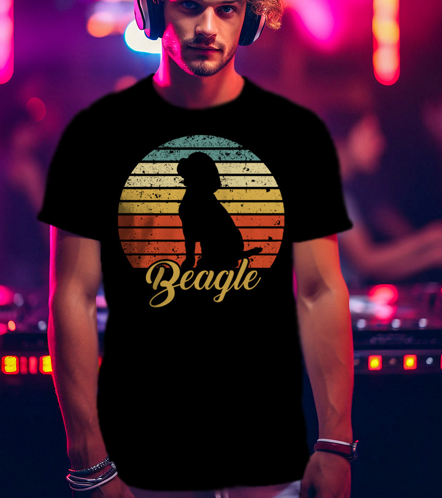 Vintage Beagle Silhouette With Retro Sunset Stripes T-Shirt