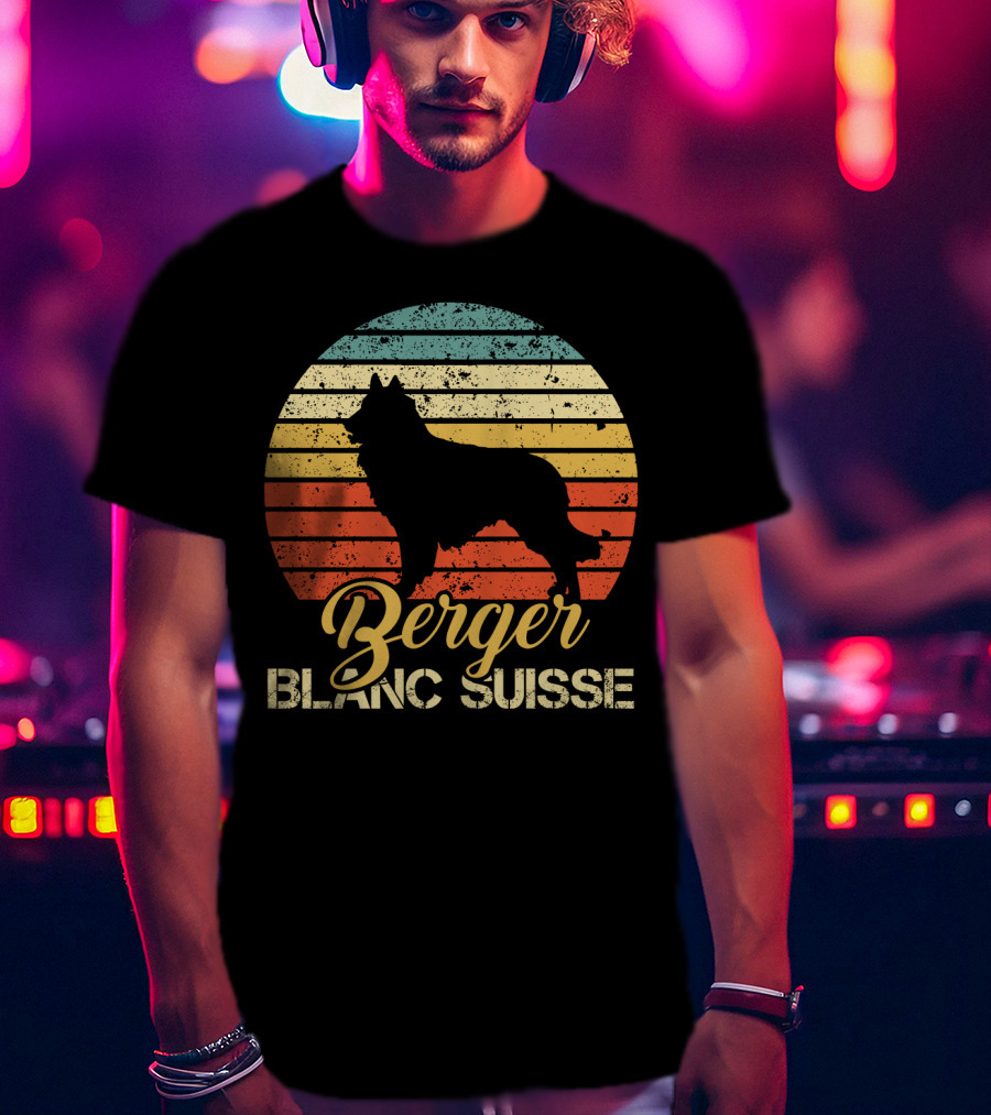 Retro Sunset Silhouette Berger Blanc Suisse Text T-Shirt