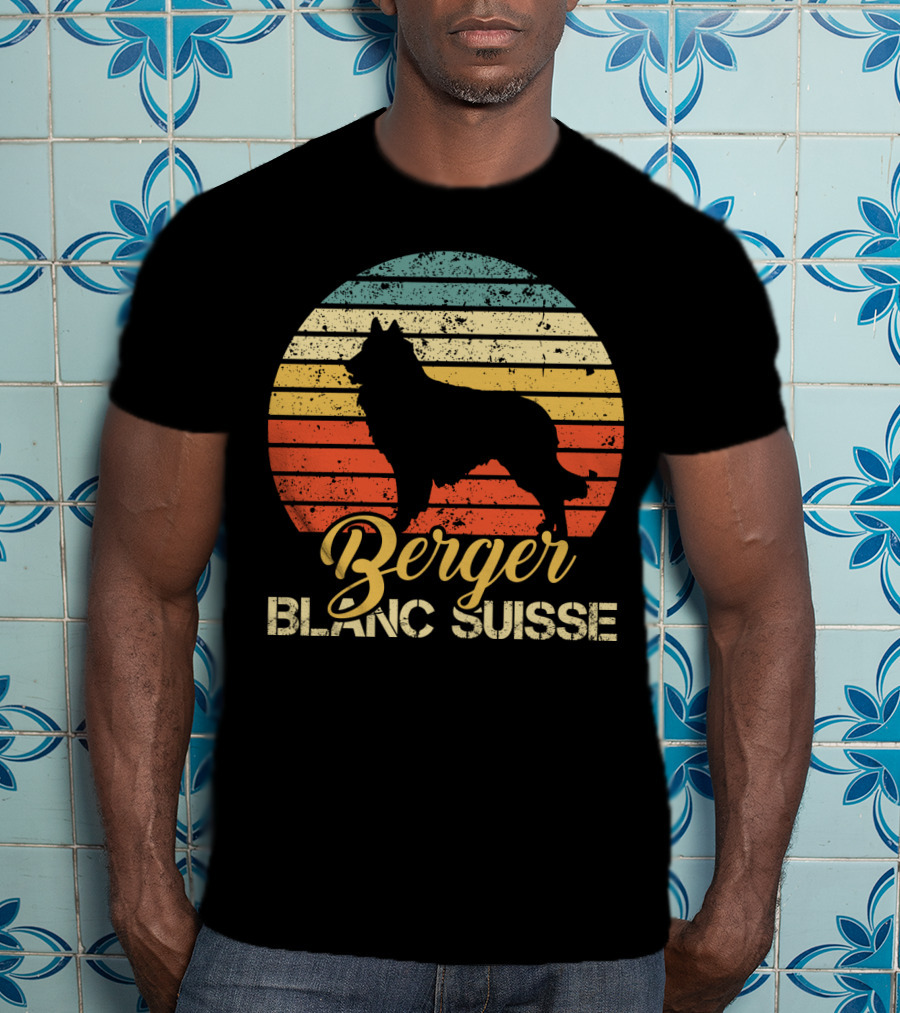 Retro Sunset Silhouette Berger Blanc Suisse Text T-Shirt