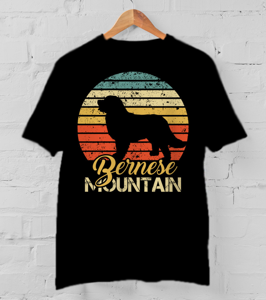 Retro Bernese Mountain Dog Silhouette With Striped Sunset Background T-Shirt