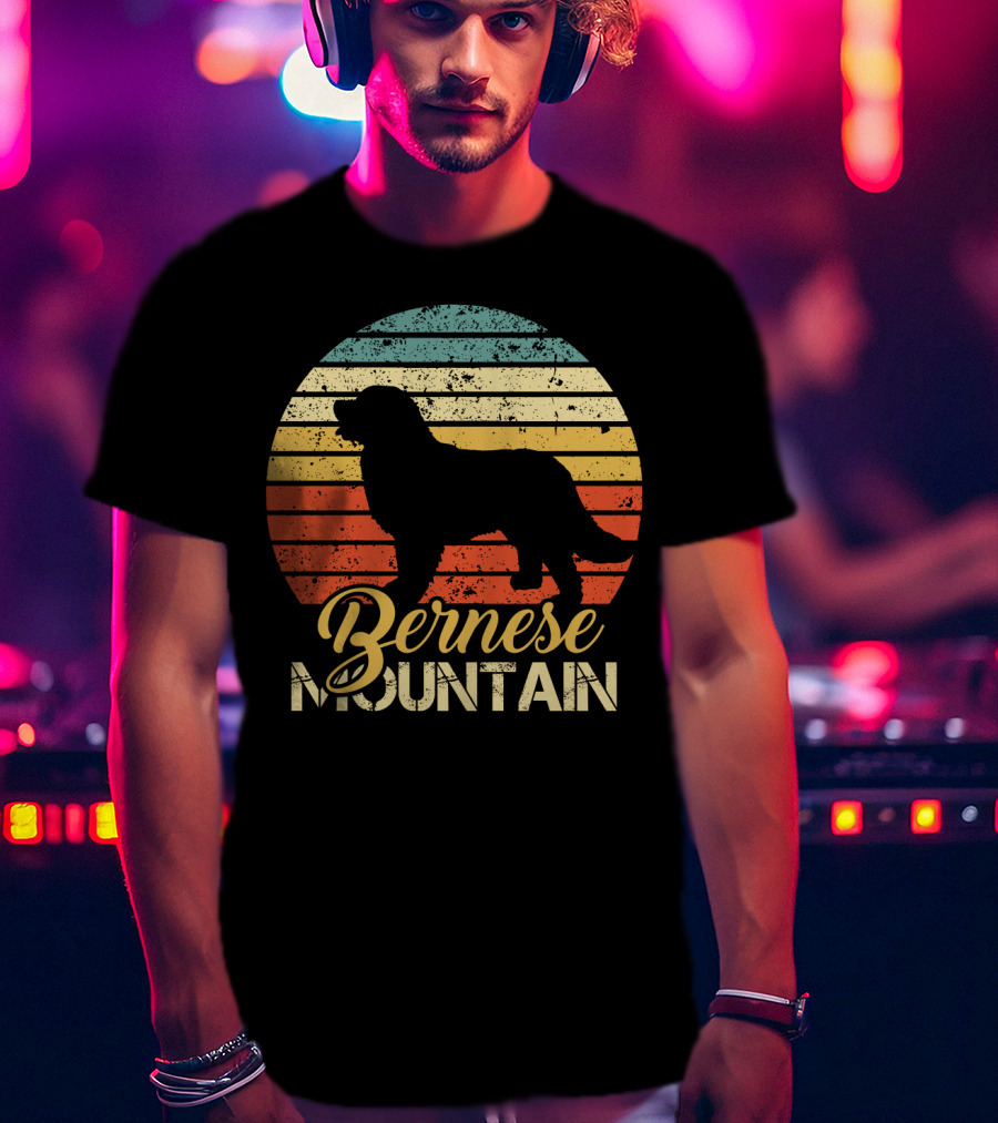 Retro Bernese Mountain Dog Silhouette With Striped Sunset Background T-Shirt