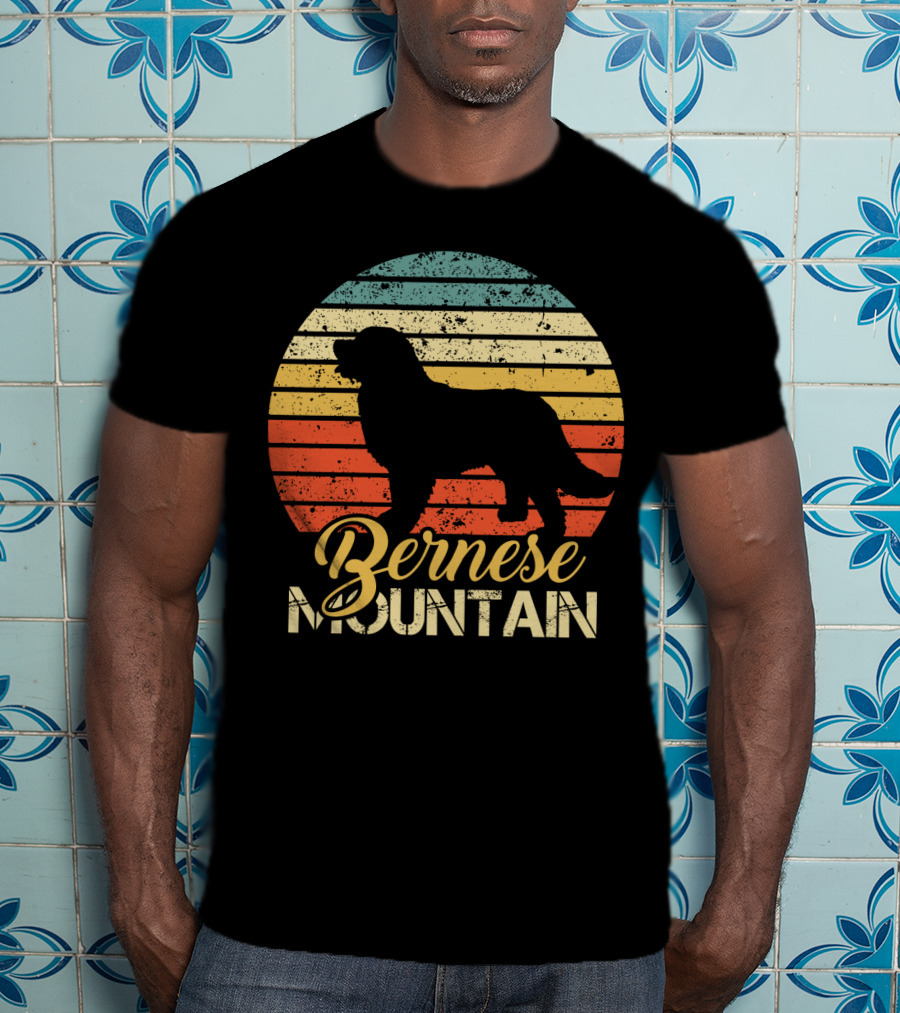 Retro Bernese Mountain Dog Silhouette With Striped Sunset Background T-Shirt