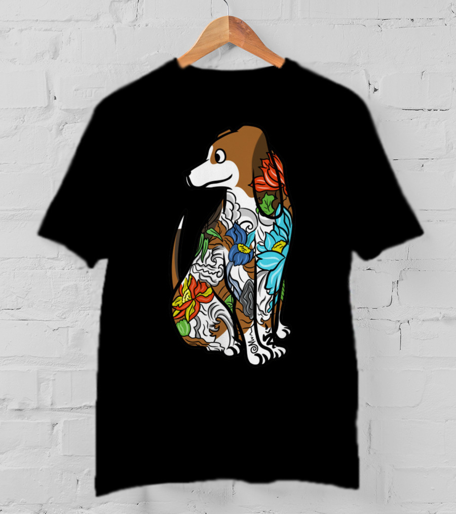 Basset Hound Tattoo Floral Art Design With Vibrant Colors T-Shirt