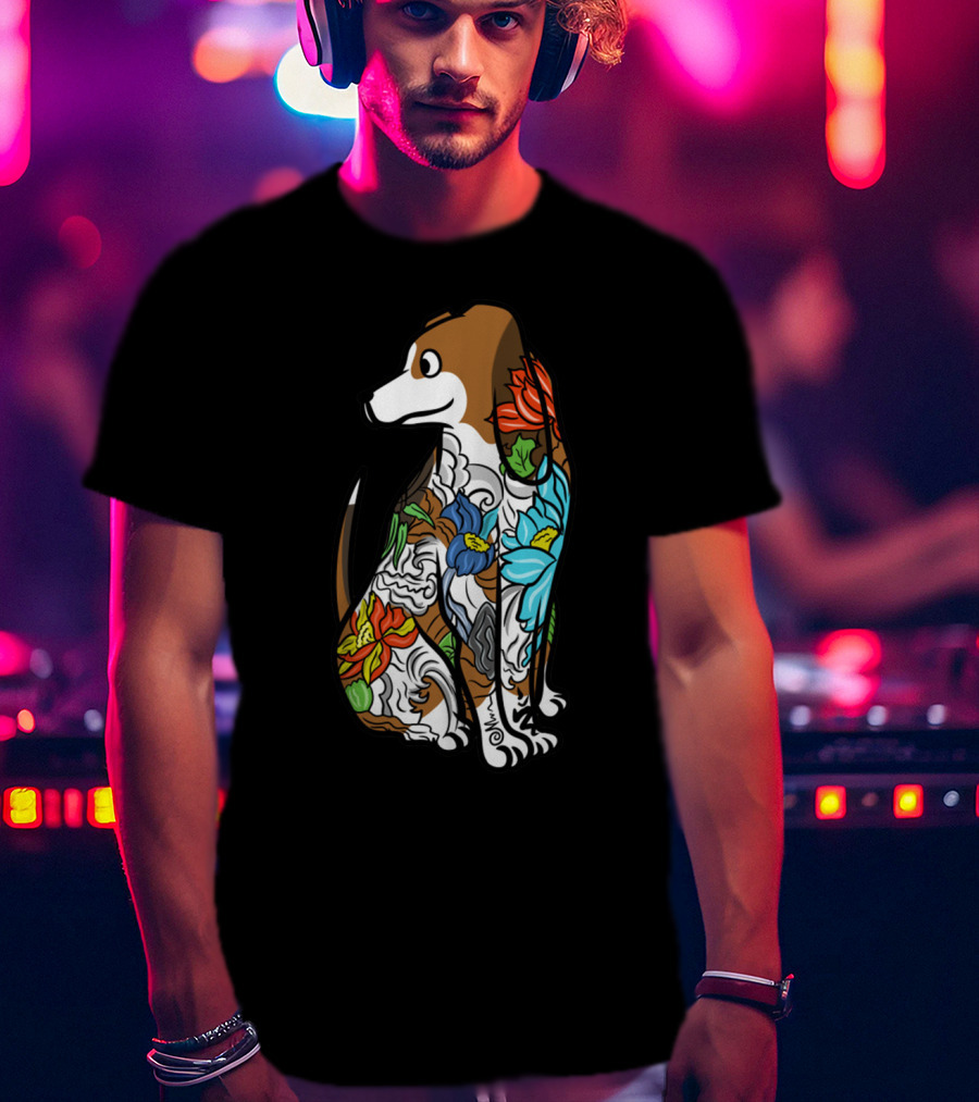 Basset Hound Tattoo Floral Art Design With Vibrant Colors T-Shirt