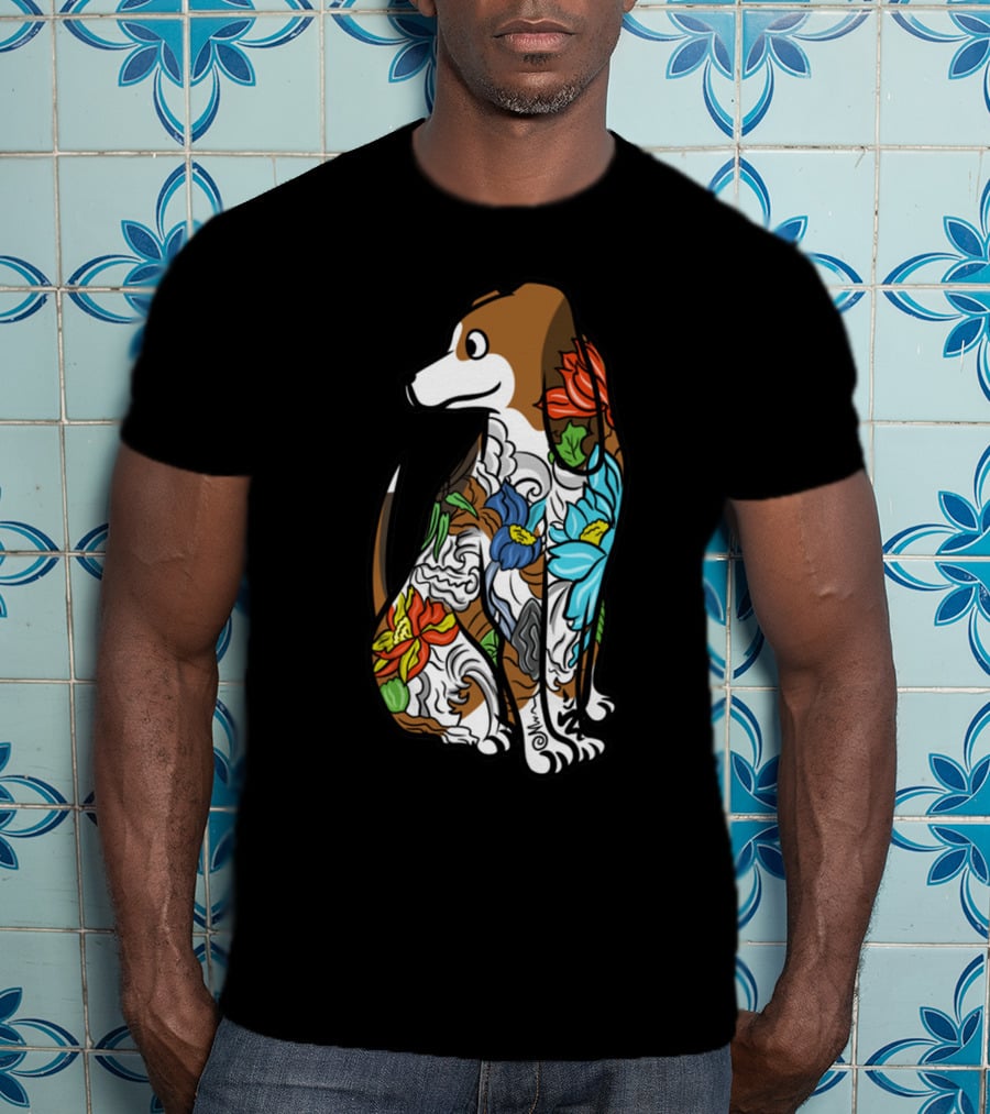 Basset Hound Tattoo Floral Art Design With Vibrant Colors T-Shirt