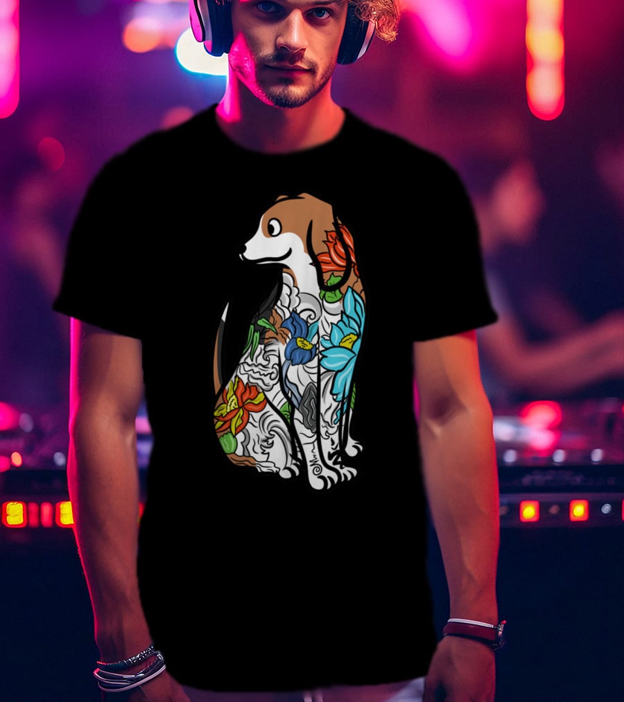 Beagle With Vibrant Floral Tattoo T-Shirt
