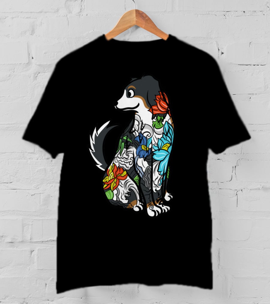 Colorful Floral Tattoo Style Bernese Mountain Dog T-Shirt