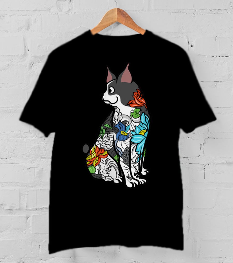Boston Terrier With Colorful Floral Tattoo T-Shirt