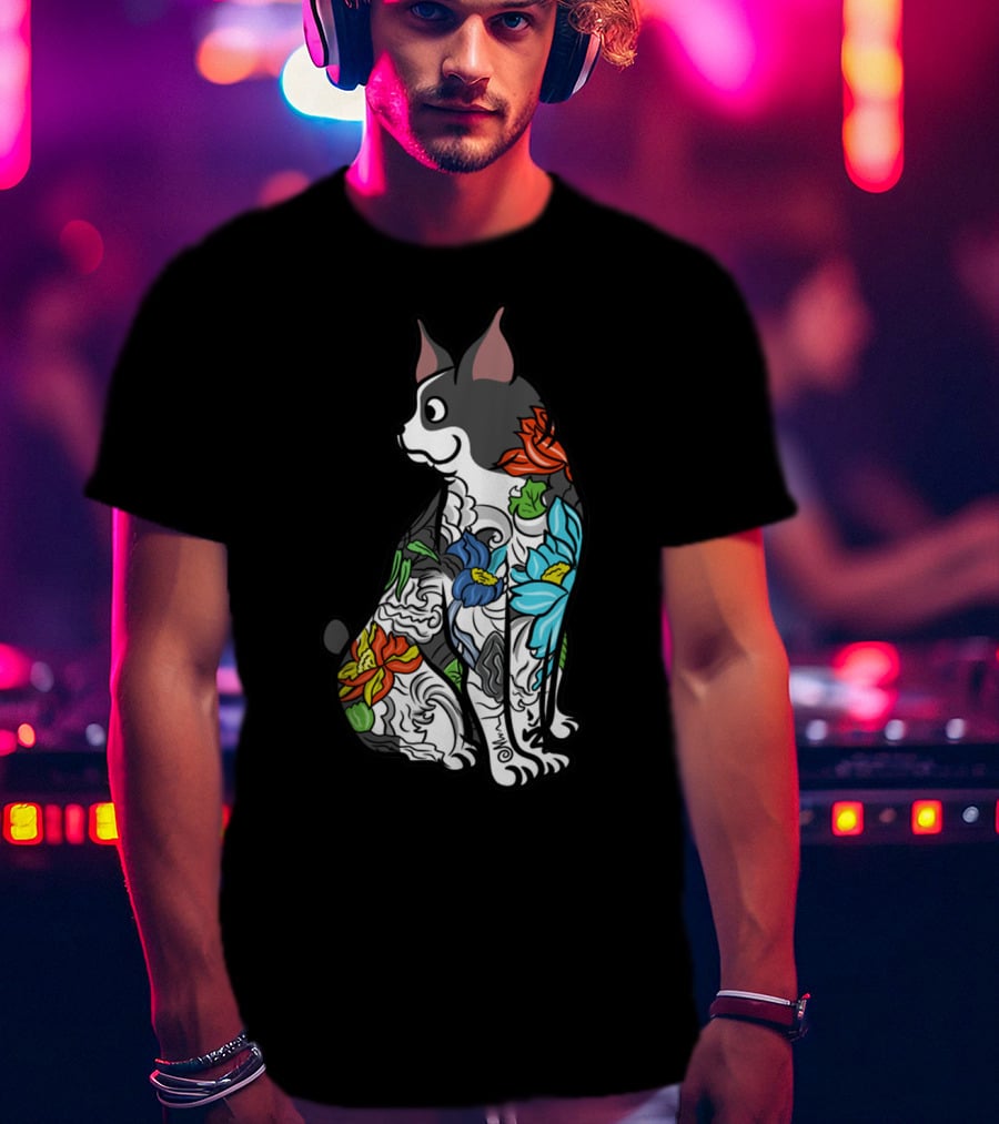 Boston Terrier With Colorful Floral Tattoo T-Shirt