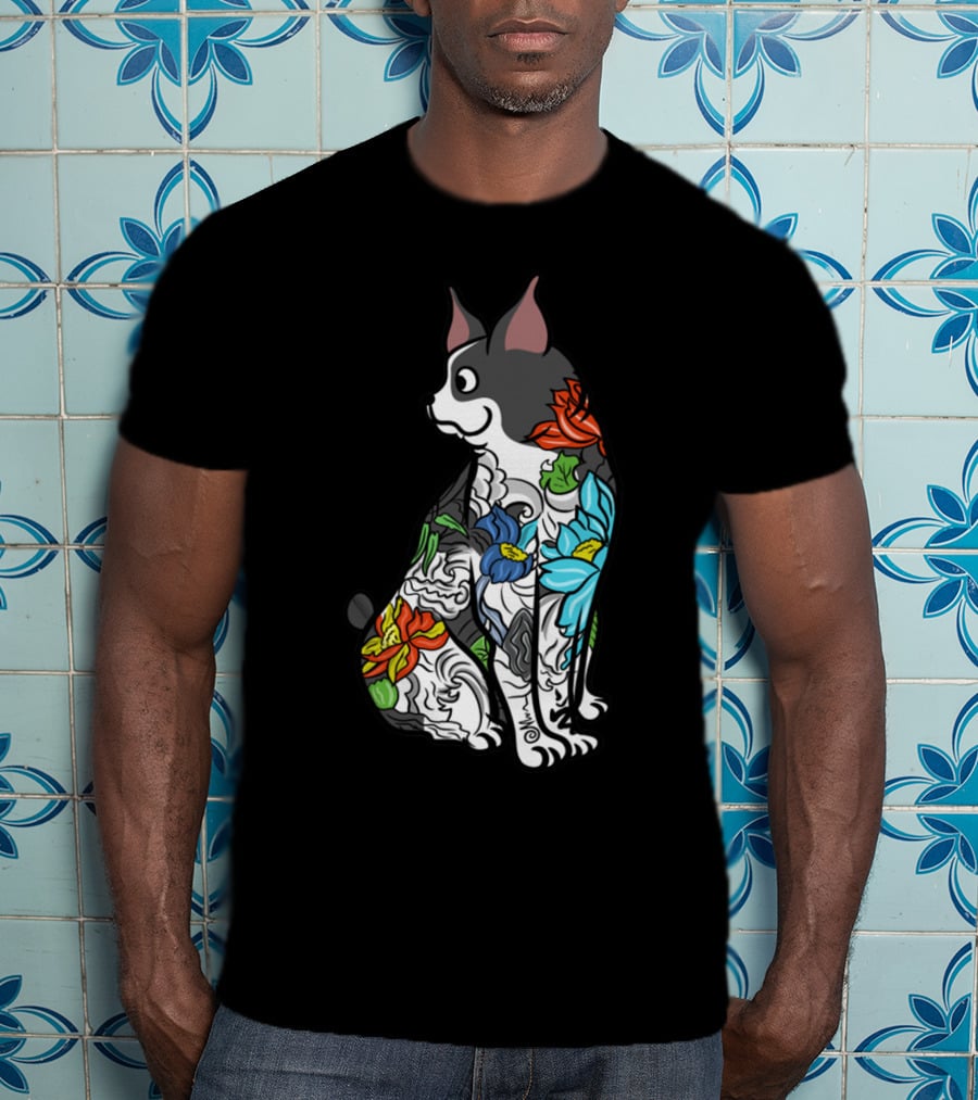 Boston Terrier With Colorful Floral Tattoo T-Shirt
