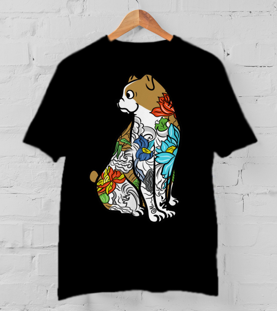 Bulldog Tattoo Floral Pattern Colorful T-Shirt