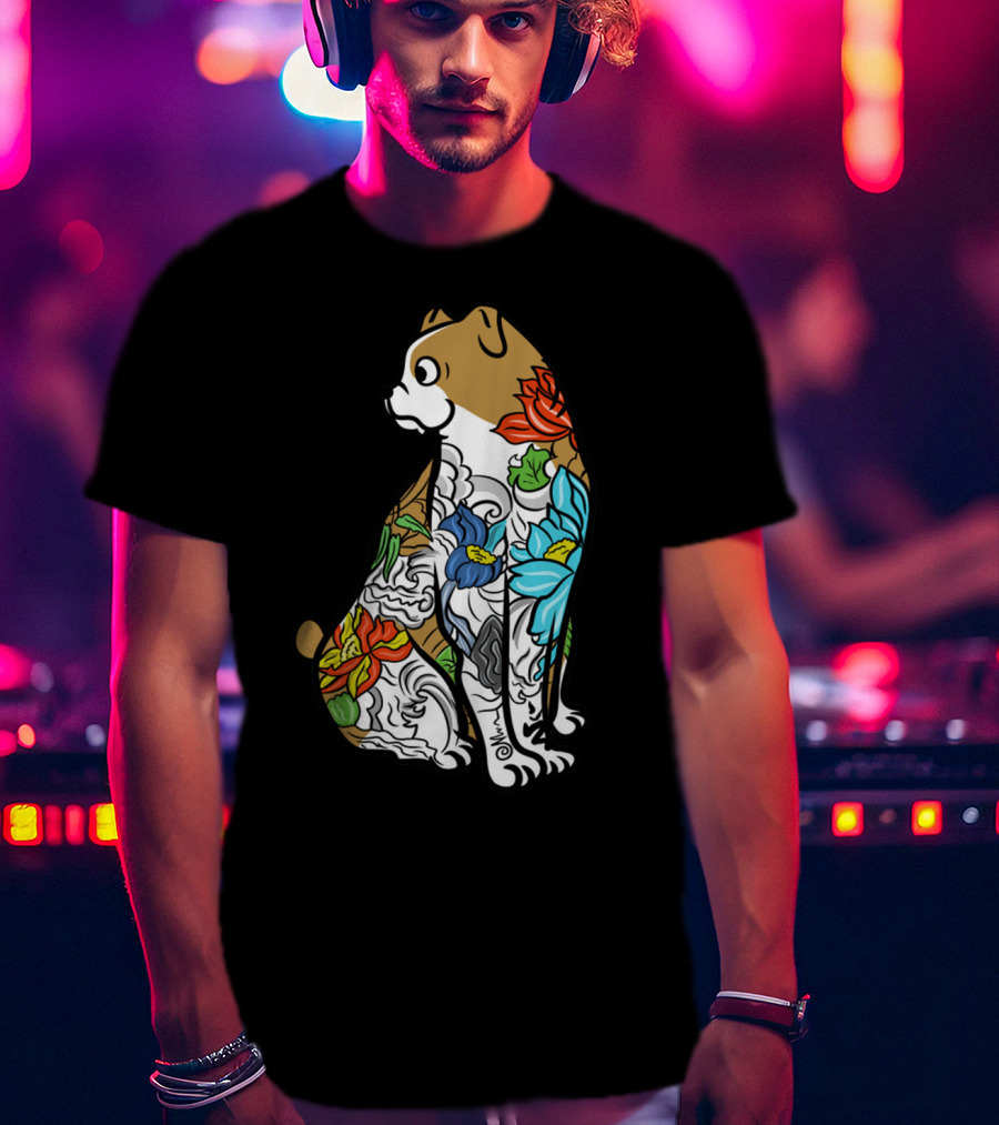 Bulldog Tattoo Floral Pattern Colorful T-Shirt
