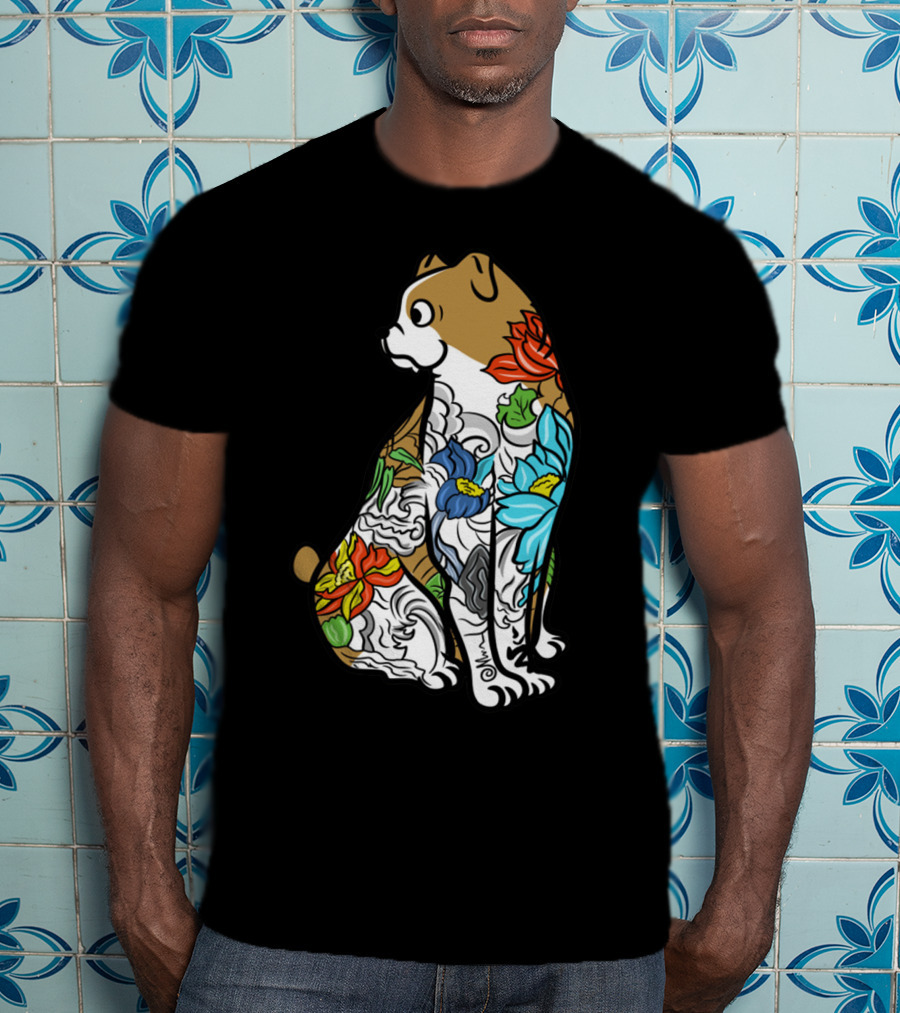 Bulldog Tattoo Floral Pattern Colorful T-Shirt