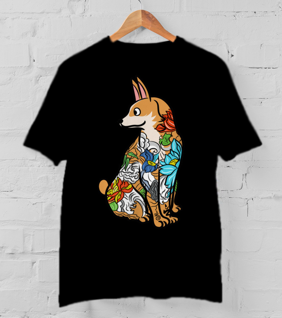Corgi With Colorful Floral Tattoo T-Shirt