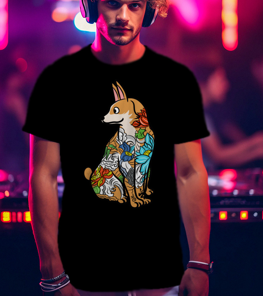 Corgi With Colorful Floral Tattoo T-Shirt