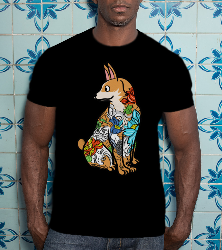 Corgi With Colorful Floral Tattoo T-Shirt