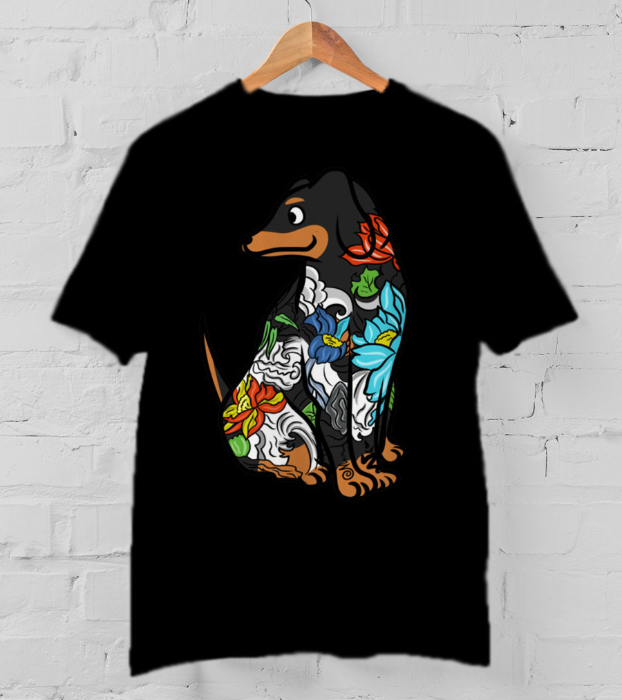 Colorful Floral Dachshund Tattoo Design With Artistic Flower T-Shirt