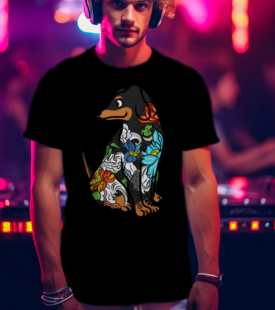Colorful Floral Dachshund Tattoo Design With Artistic Flower T-Shirt