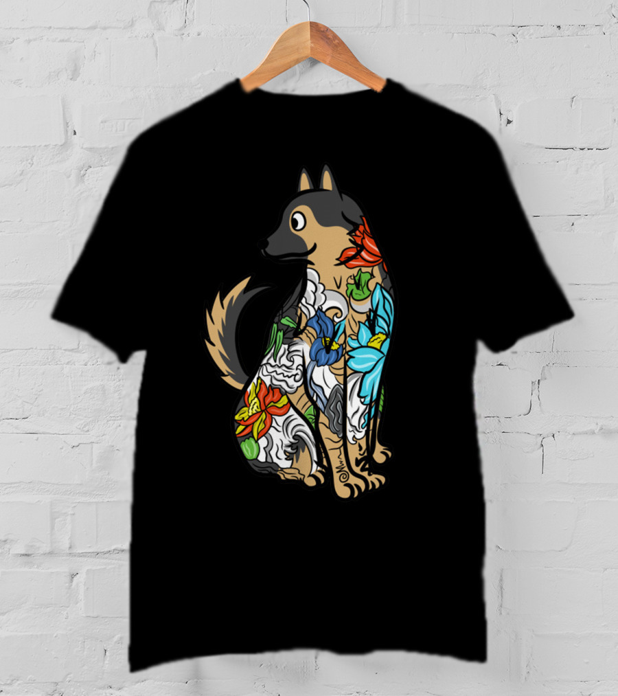 German Shepherd Vibrant Floral Tattoo T-Shirt