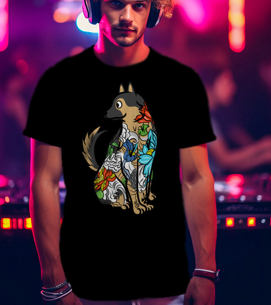 German Shepherd Vibrant Floral Tattoo T-Shirt