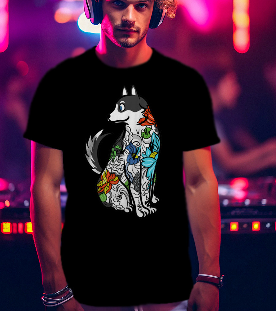 Husky Tattoo Floral Art Pattern In Black And Multicolor T-Shirt