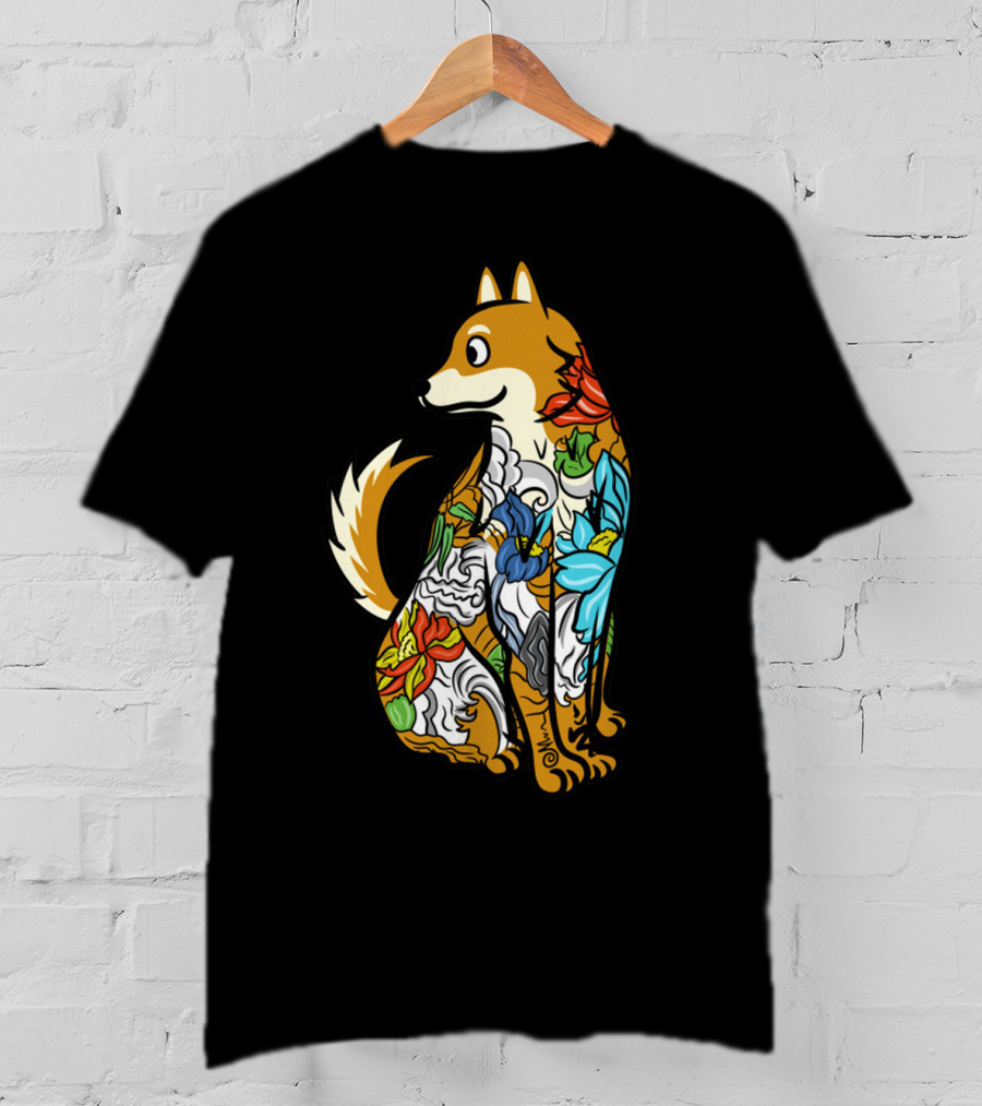 Shiba Inu Tattoo Colorful Floral T-Shirt