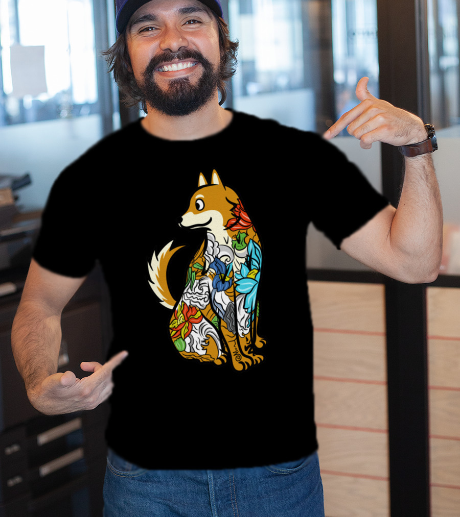 Shiba Inu Tattoo Colorful Floral T-Shirt