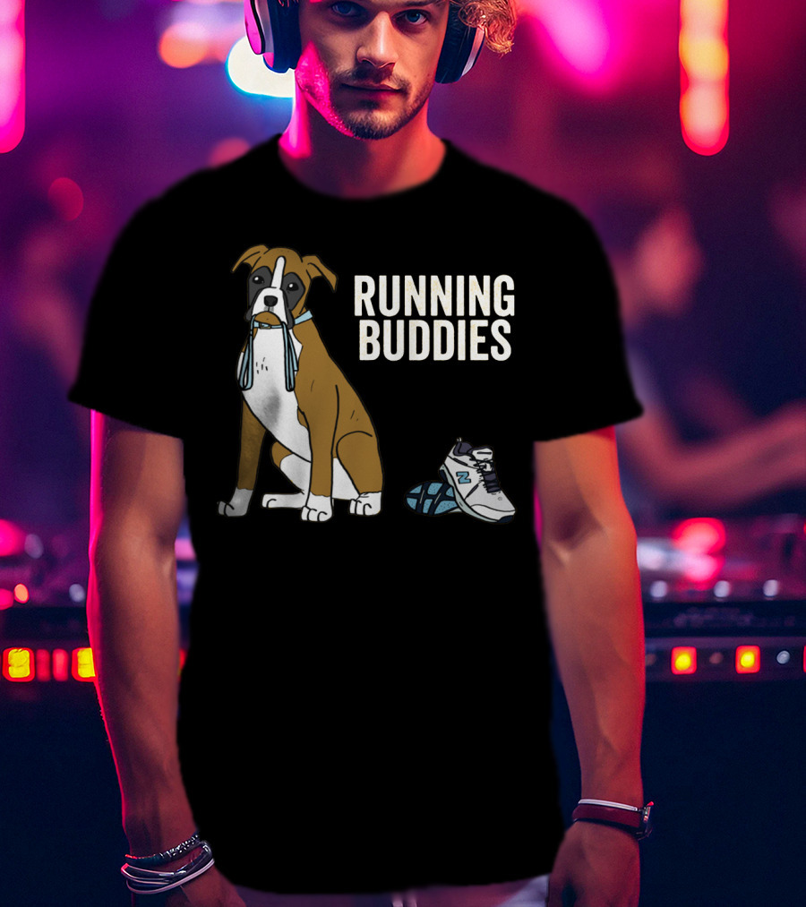 Boxer With Shoe And Running Buddies Text T-Shirt