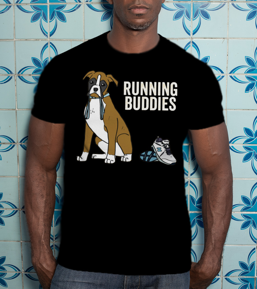 Boxer With Shoe And Running Buddies Text T-Shirt