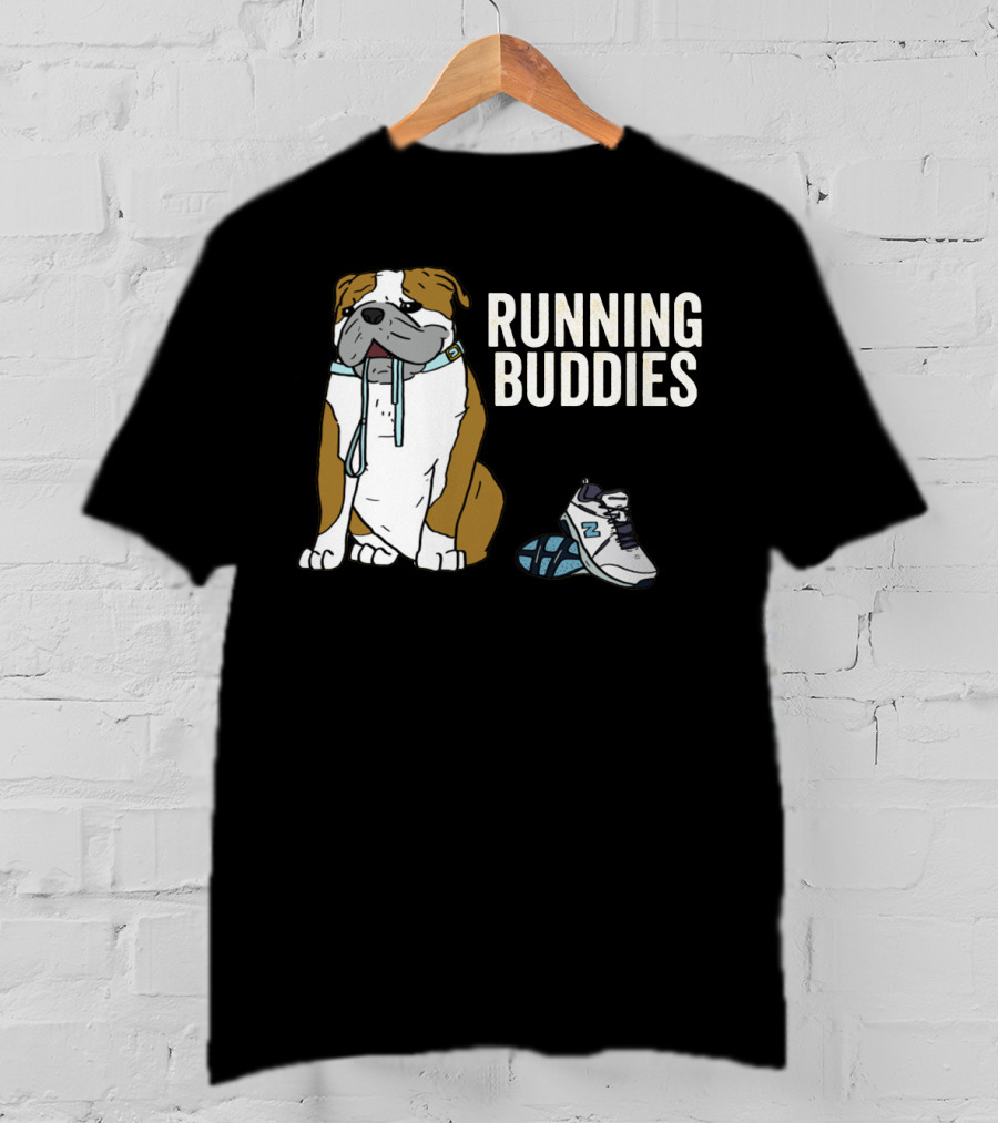 Bulldog And Sneakers Running Buddies With Leash And Shoe Companion T-Shirt