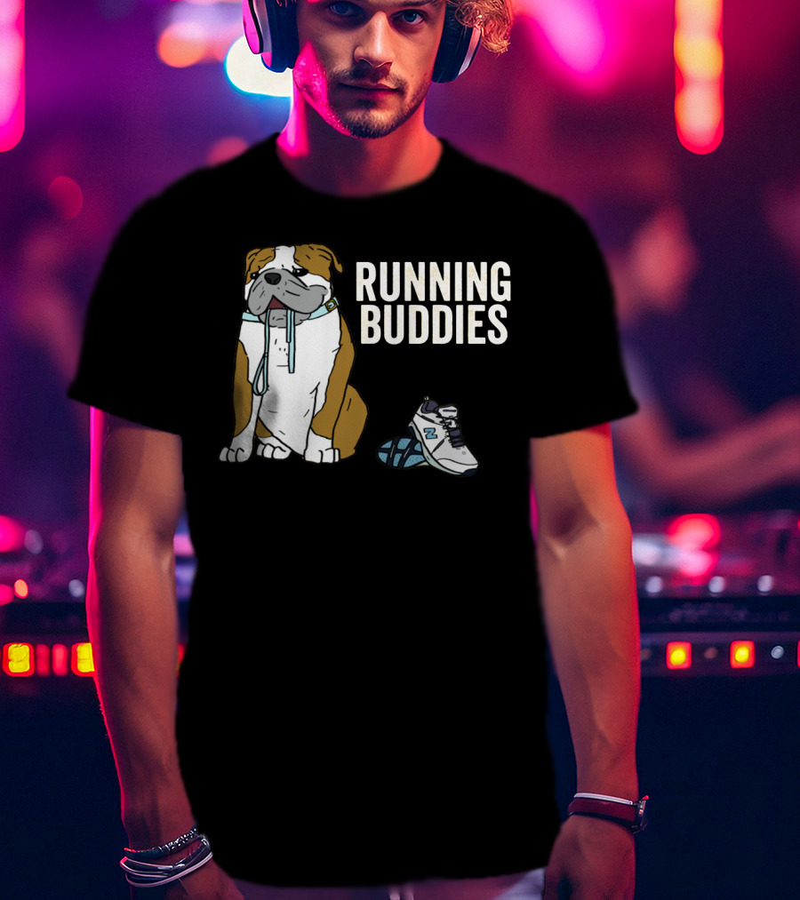 Bulldog And Sneakers Running Buddies With Leash And Shoe Companion T-Shirt