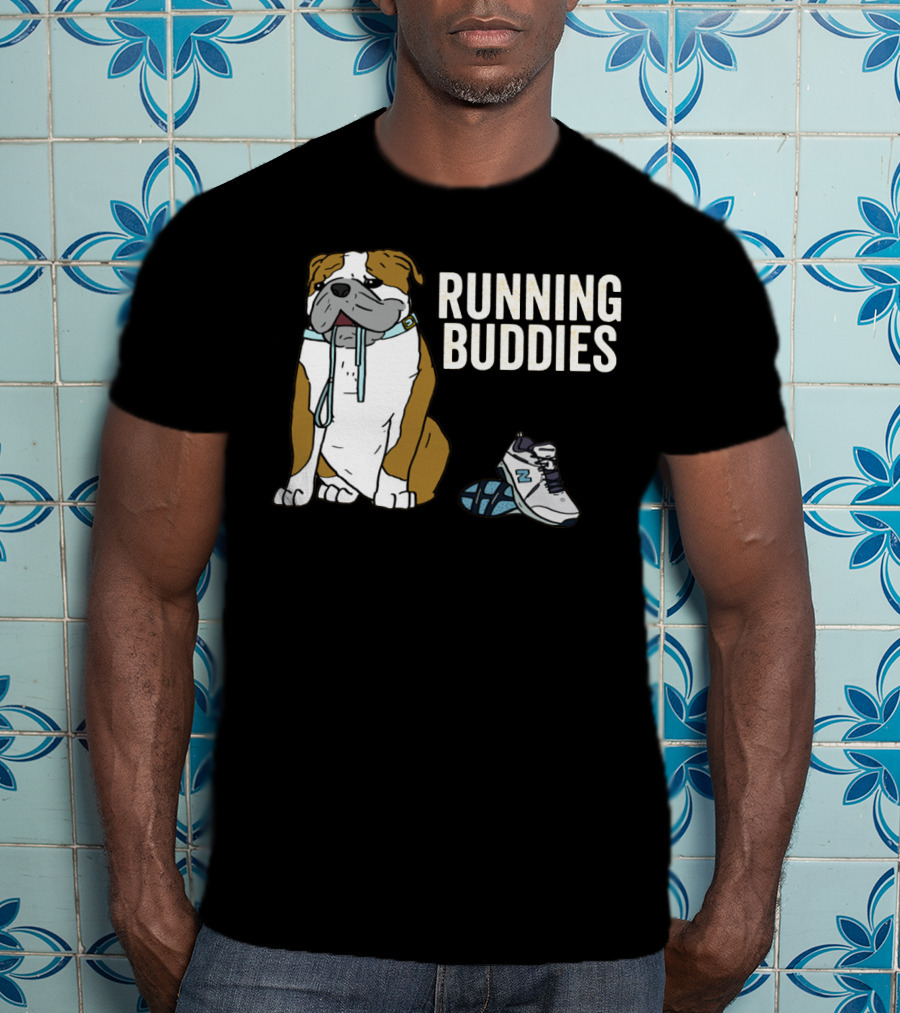 Bulldog And Sneakers Running Buddies With Leash And Shoe Companion T-Shirt