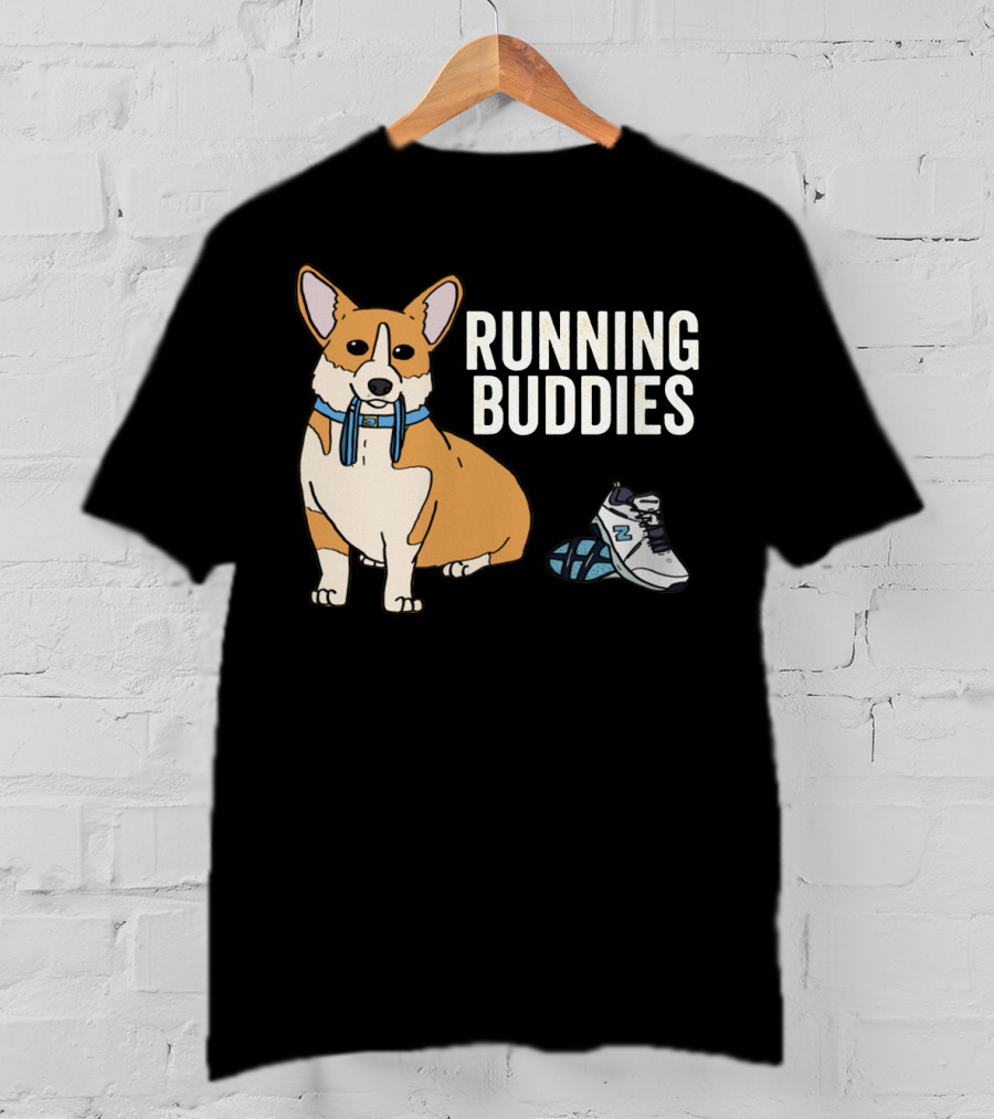 Corgi Running Buddies With Sneakers And Blue Collar T-Shirt