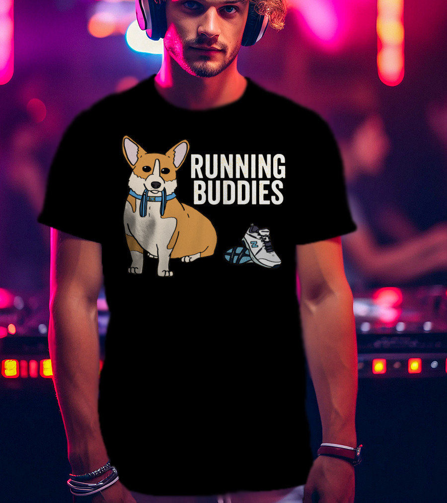 Corgi Running Buddies With Sneakers And Blue Collar T-Shirt