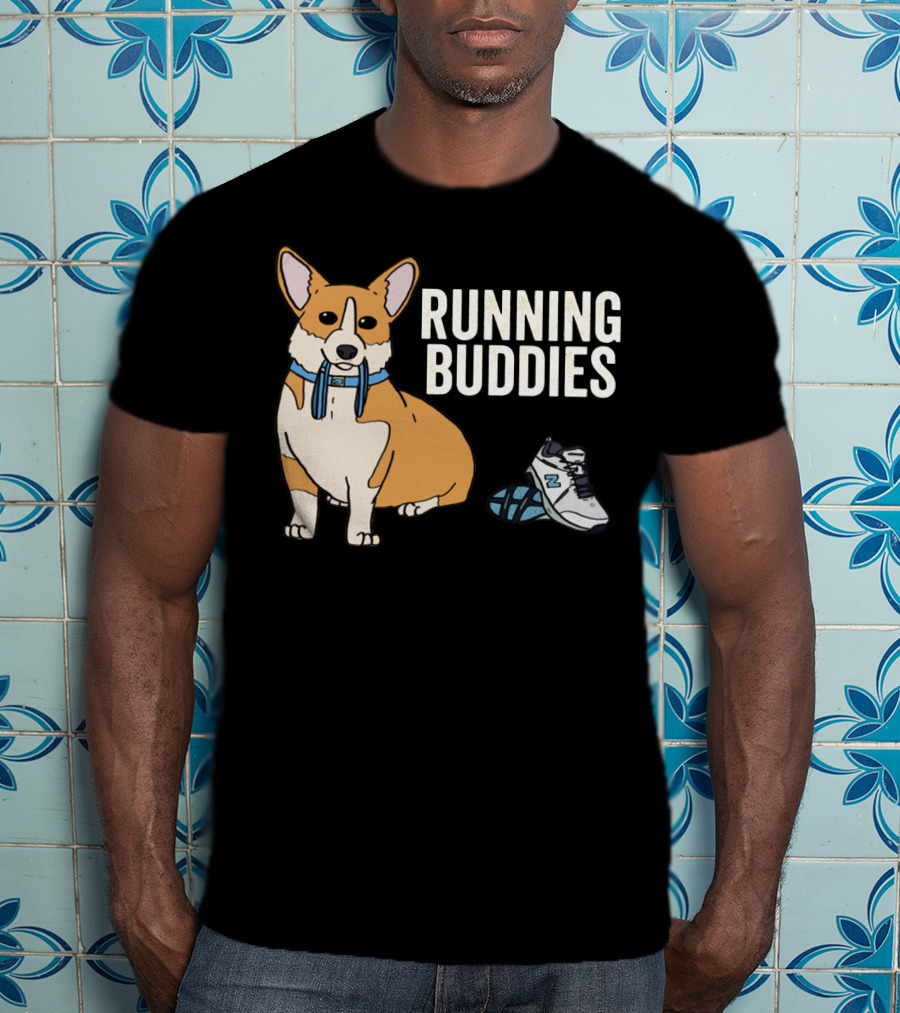 Corgi Running Buddies With Sneakers And Blue Collar T-Shirt