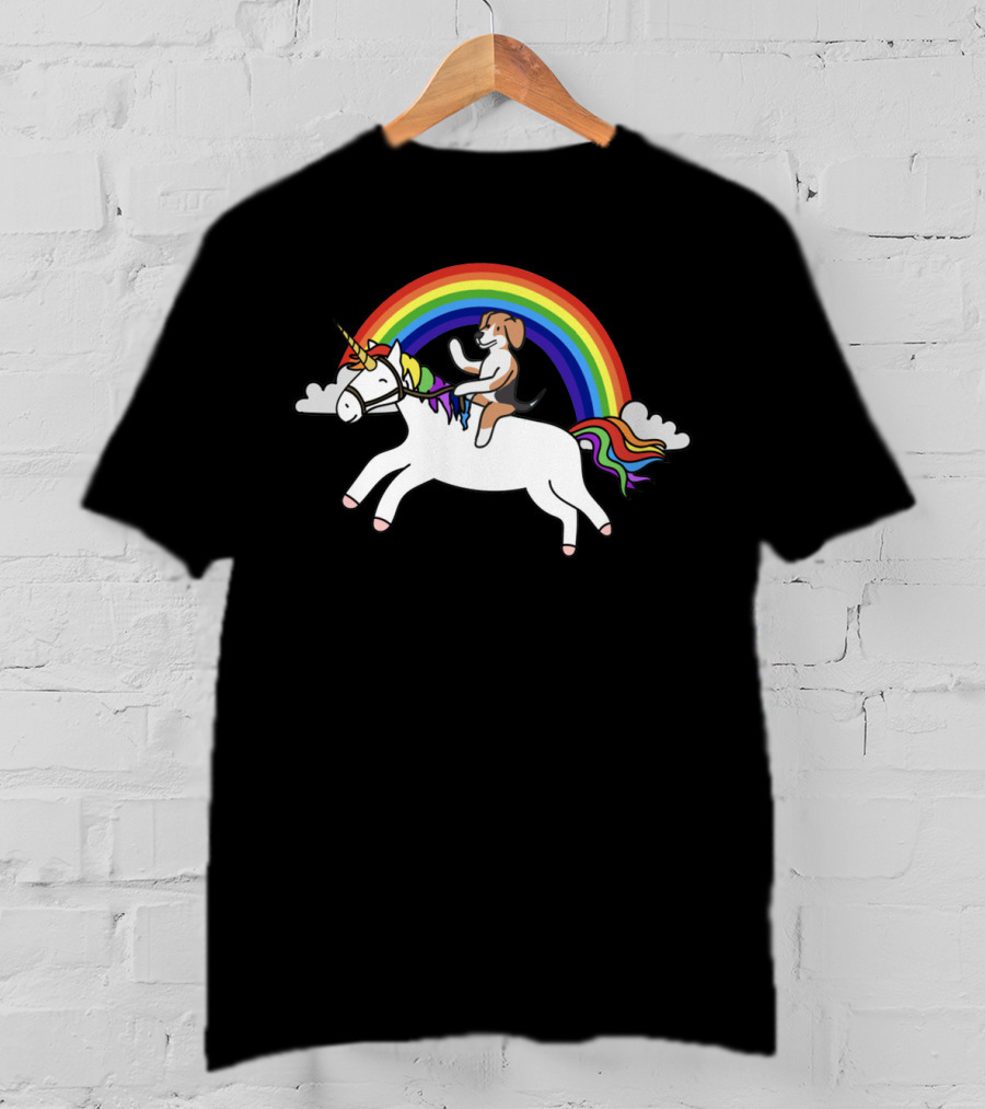 Beagle Riding Unicorn Under Rainbow With Clouds T-Shirt