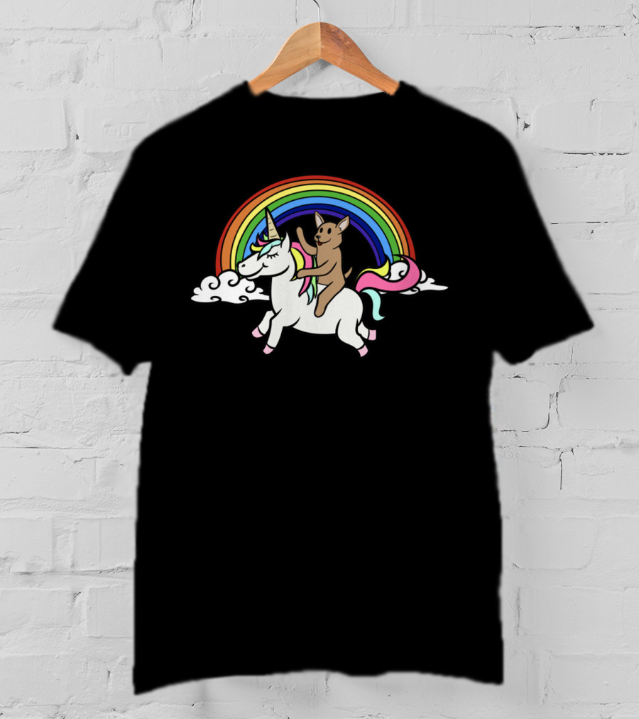 Chihuahua Joyfully Riding Unicorn Under Vibrant Rainbow T-Shirt