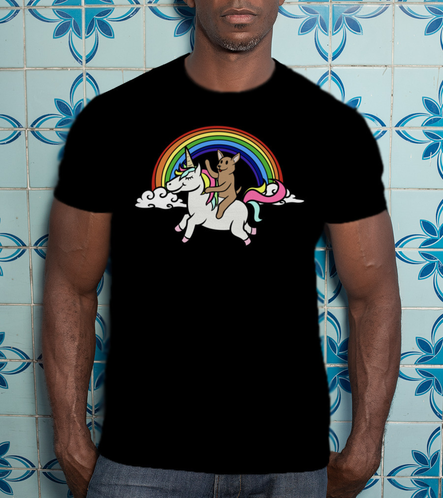 Chihuahua Joyfully Riding Unicorn Under Vibrant Rainbow T-Shirt