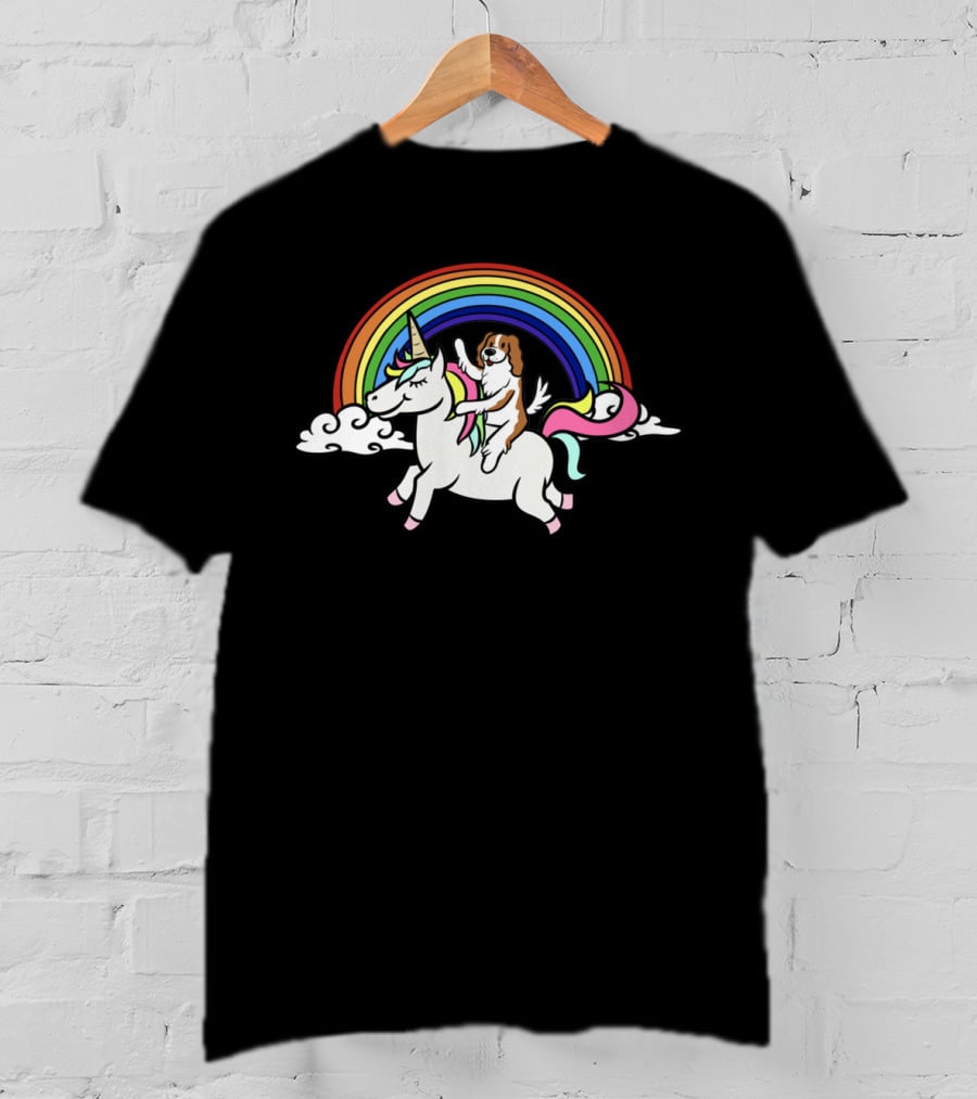 Cavalier King Charles Spaniel Riding Unicorn With Rainbow And Clouds T-Shirt