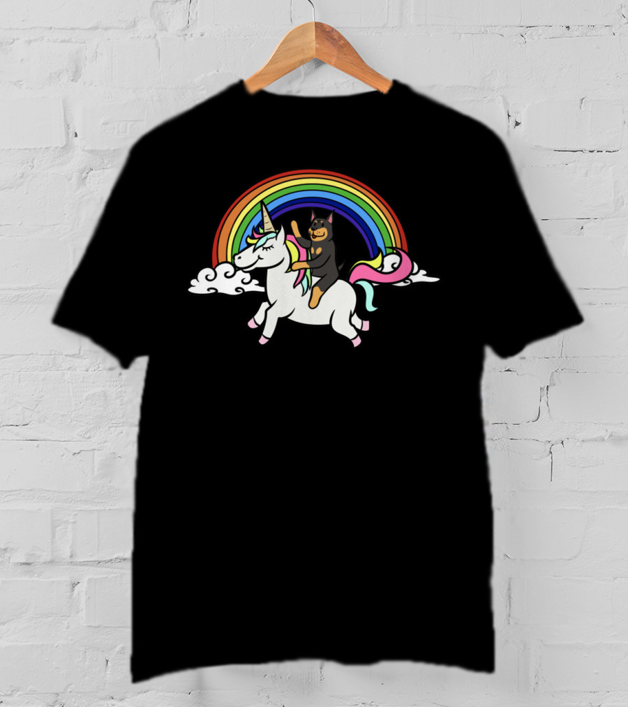 Doberman Riding Unicorn With Rainbow In Clouds T-Shirt