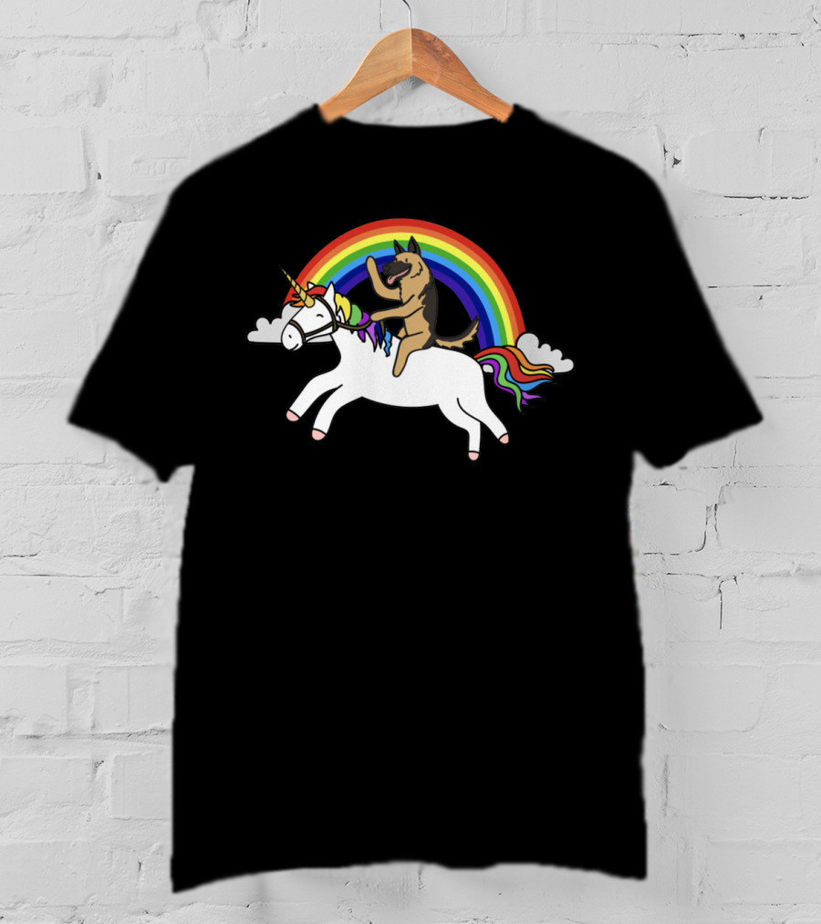 German Shepherd Joyfully Riding A Rainbow Unicorn With Clouds T-Shirt