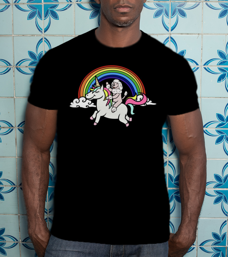 Poodle Riding Unicorn Under Rainbow Clouds T-Shirt